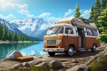 Camper van on the background of mountains and lake. Family vacation on wheels. Vacation trip in a mobile homeの素材