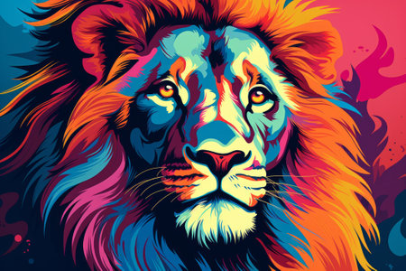 Colorful portrait of a lion, creative illustration in bright colors, pop art styleの素材