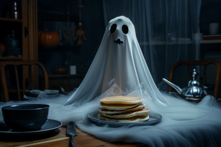 A creepy ghost bakes pancakes for Halloween.の素材
