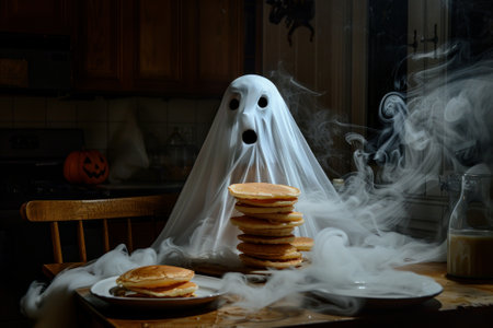 A creepy ghost bakes pancakes for Halloween.の素材