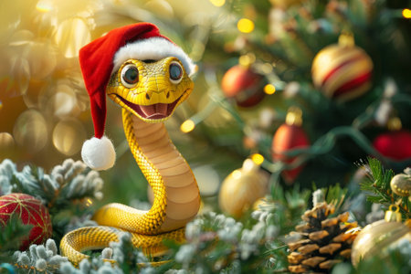 A cartoon snake in a Santa Claus hat on the background of a Christmas tree. The symbol of the New Year 2025. Happy New Year and Merry Christmas cardの素材