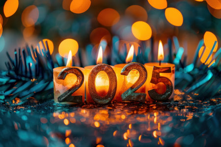 Burning candles in the shape of the numbers 2025 on a winter Christmas background. Happy New Year and Christmas Greeting card.の素材