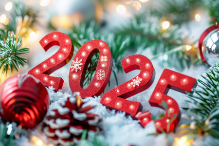 The numbers 2025 on a winter Christmas background, a Christmas tree with toys, a gift. Happy New Year and Merry Christmas card.の素材