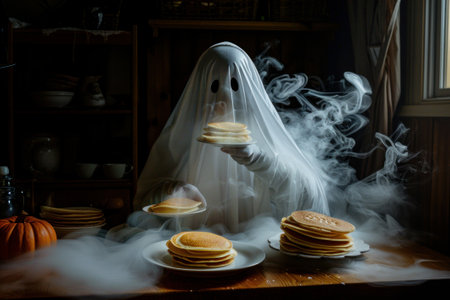 A creepy ghost bakes pancakes for Halloween.の素材