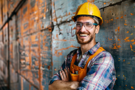 A male construction worker in a hard hat and safety glasses at a construction site. Construction of a multi-storey building.の素材