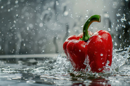 Fresh red pepper in water with splashes.の素材
