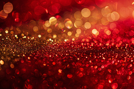 Abstract background with sparkling gold and red sequins, festive background for Christmas and New Year, blurred bokeh backgroundの素材