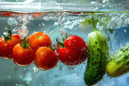 Fresh vegetables in splashed water, tomatoes, cucumbers and peppersの素材