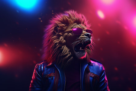 Lion rockstar sings on stage, neon backgroundの素材