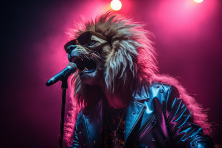 A super star dog with a microphone on stage, neon backgroundの素材