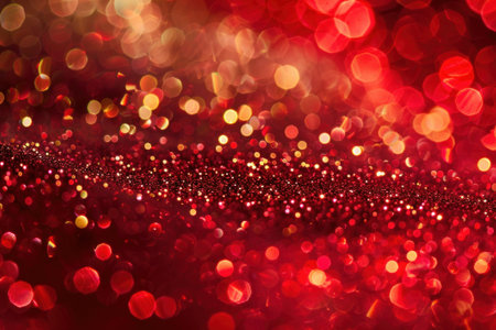 Abstract background with sparkling gold and red sequins, festive background for Christmas and New Year, blurred bokeh backgroundの素材