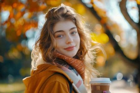 A beautiful girl with long hair walks in an autumn park with a cup of hot coffeeの素材