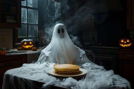 A creepy ghost bakes pancakes for Halloween.の素材