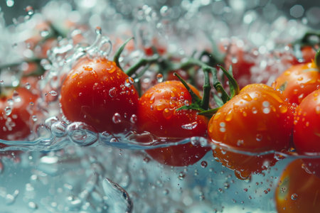 Fresh red tomatoes in water with splashes.の素材