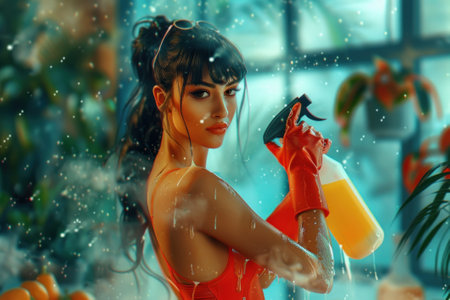 Concept of professional cleaning. A girl in gloves holds a spray bottle with detergent against a background of soap bubbles.の素材