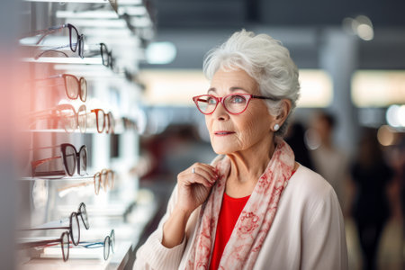 An elderly happy gray-haired woman wearing fashionable glasses in an optics salon.の素材