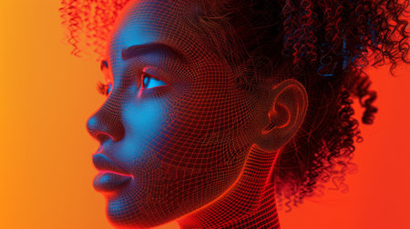 A vivid portrait of an African-American woman. Artificial intelligence and machine learning, connections to digital data networks, data transformation. Innovationの素材
