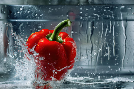 Fresh red pepper in water with splashes.の素材