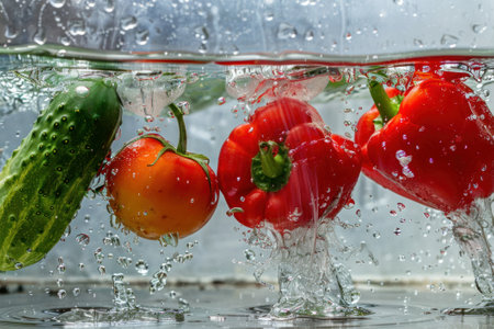 Fresh vegetables in splashed water, tomatoes, cucumbers and peppers.の素材