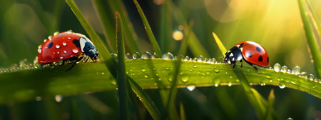 Ladybugs on the grass, beautiful summer background, dew drops on the grass in the rays of the sun. Banner.の素材