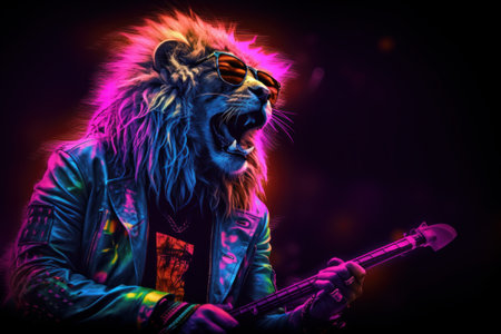 Lion guitarist on stage, neon background. A rock star.の素材