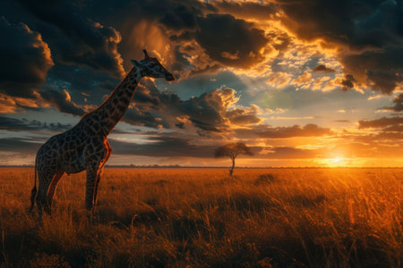 Giraffe in the savannah at sunset. Professional wildlife photography.の素材