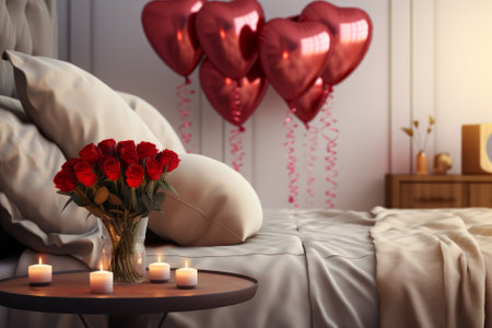 The interior of a beautiful bedroom with a bouquet of roses, candles, balloons, decor for Valentine's Day. A romantic date.の素材