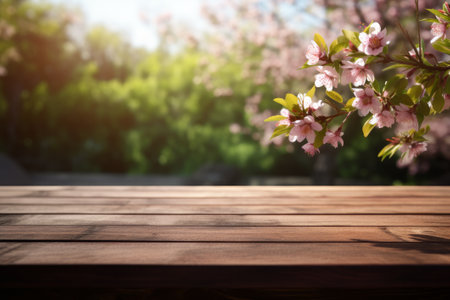 An empty wooden table top overlooking a blooming spring garden. Blurred background.の素材