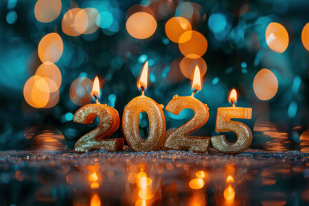 Burning candles in the shape of the numbers 2025 on a winter Christmas background. Happy New Year and Christmas Greeting card.の素材