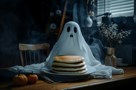 A creepy ghost bakes pancakes for Halloween.の素材