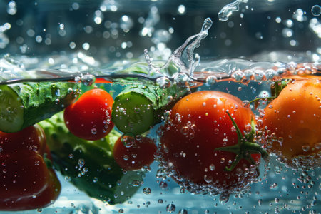 Fresh vegetables in splashed water, tomatoes, cucumbers and peppers.の素材