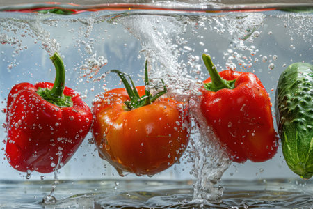 Fresh vegetables in splashed water, tomatoes, cucumbers and peppers.の素材