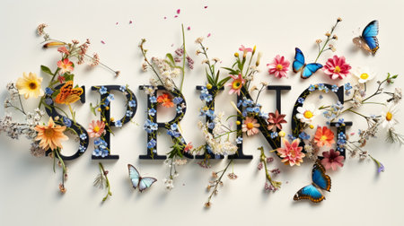 Spring logotype. Lettering spring with flower and butterfly for greeting card, invitation template, sketch hand logo on white isolated background.の素材