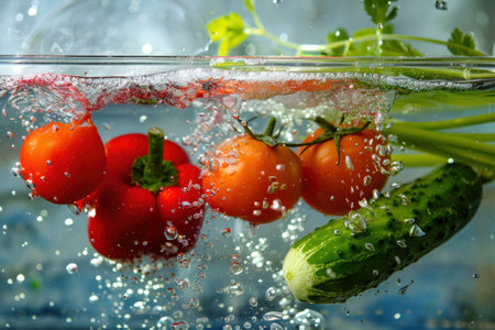 Fresh vegetables in splashed water, tomatoes, cucumbers and peppers.の素材
