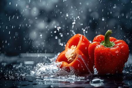 Fresh red pepper in water with splashes.の素材