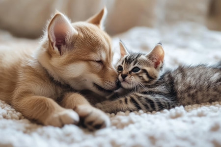 The cat and the dog are lying together on the bed. The love and friendship of a kitten and a puppy.の素材