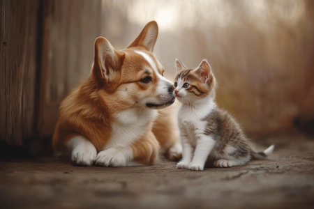 A kitten and a corgi dog are walking together. The love and friendship of a kitten and a puppy.の素材