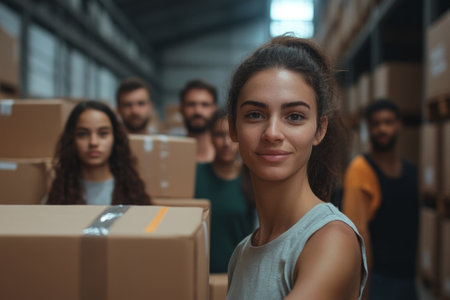 A group of volunteers with donation boxes of humanitarian aid in a warehouse. Charity, donation, and volunteering concept.の素材