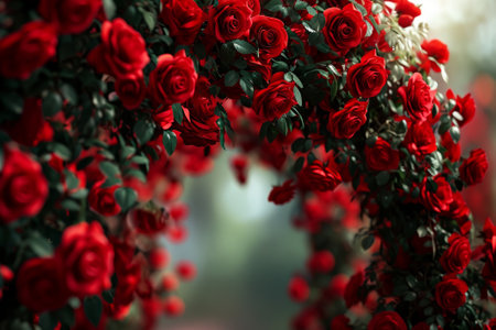An arch of red roses in the garden. A beautiful place for a wedding and romantic photo shootの素材