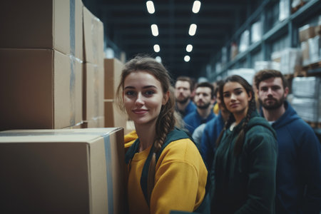A group of volunteers with donation boxes of humanitarian aid in a warehouse. Charity, donation, and volunteering concept.の素材