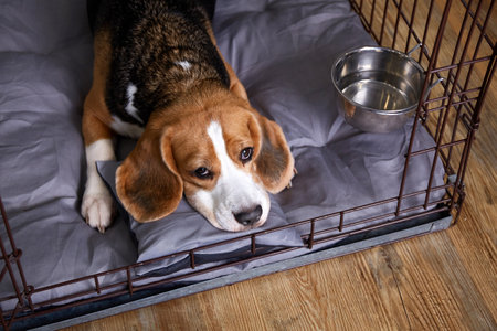 Beagle dog is lying in a cage. Wire crate for keeping pets. Top view