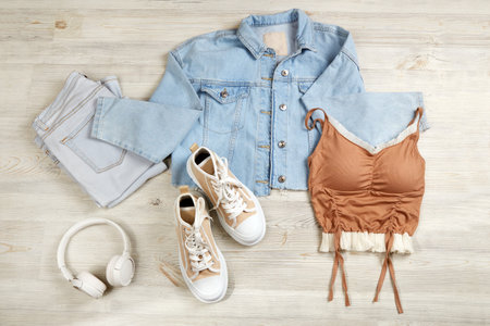 A set of seasonal autumn or summer fashionable women's clothing. Blue denim jacket, top, jeans and...