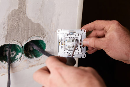 A worker installs an electrical outlet into a wall using a screwdriver. In the background, a...