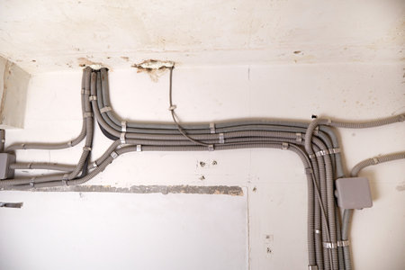 The wire electricals in the protective corrugated cable tube and the junction box are neatly laid on the ceiling. Installation of electrical wiring in the repaired room.の写真素材