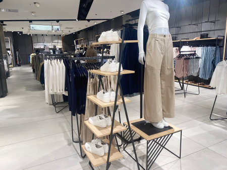 Modern retail store interior showing casual clothing and footwear in a stylish, organized layout...
