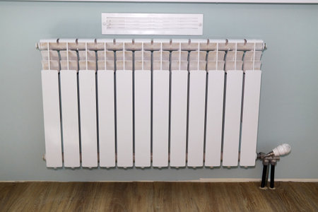 Modern heating radiator mounted on a wall in a contemporary room setting with light blue walls and wooden flooringの写真素材