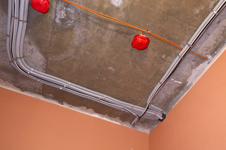 Electrical wires in a protective corrugated pipe and fire detectors are neatly laid on the ceiling.の写真素材