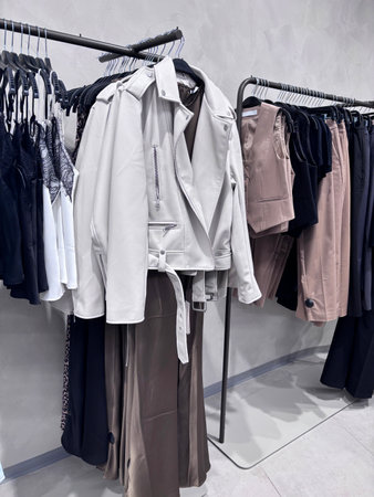 Spring or autumn collection of fashionable women's clothing. Modern retail store interior showing casual clothing and footwear in a stylish, organized layout with neutral tones during daytimeの写真素材