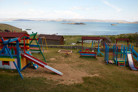 Childrens playground at the tourist base on the shore of Lake Baikal.の写真素材