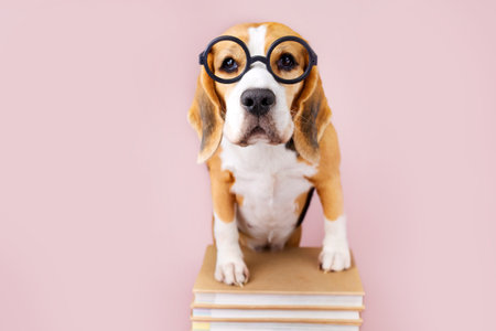 Beagle dog in glasses on stack of books on pink isolated background. Education concept, back to school. Book Lovers Dayの写真素材